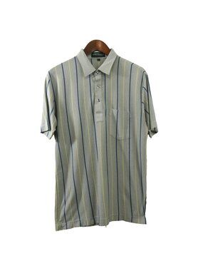Golf Shirt Mens Size Large Gray Vertical Stripe 3-Button Tab Front Polo S Sleeve